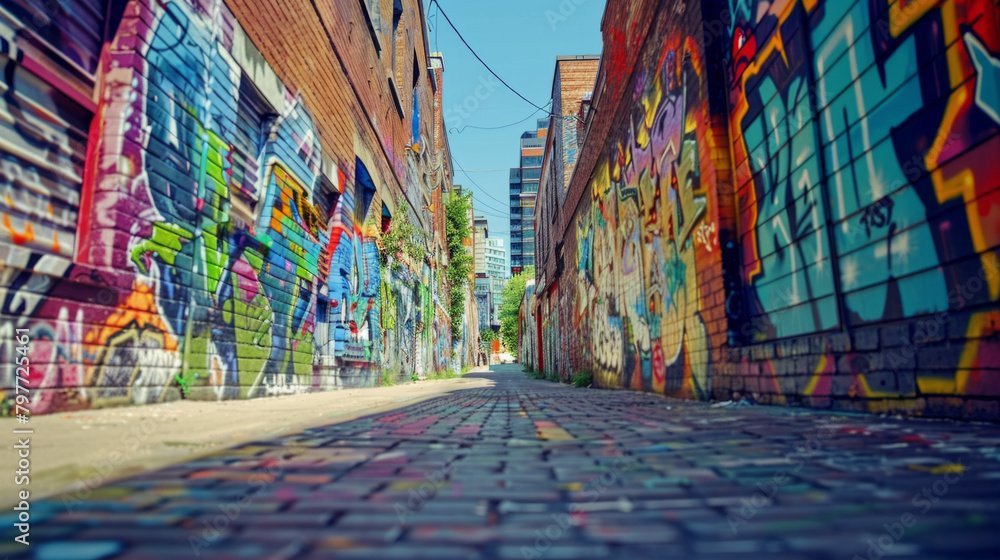 Expressive and colorful wall graffiti art creating a visually captivating scene in a daytime urban setting. Expressive and colorful wall graffiti art creating a visually captivating scene in a daytime urban setting.
