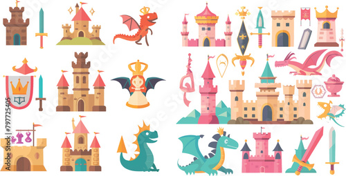 Fairytale icons or fantasy icons. Castle and sword, knight and princess, dragon and crown