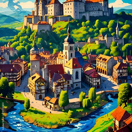 AI generated illustration of a castle nestled among trees on a hill in a painting