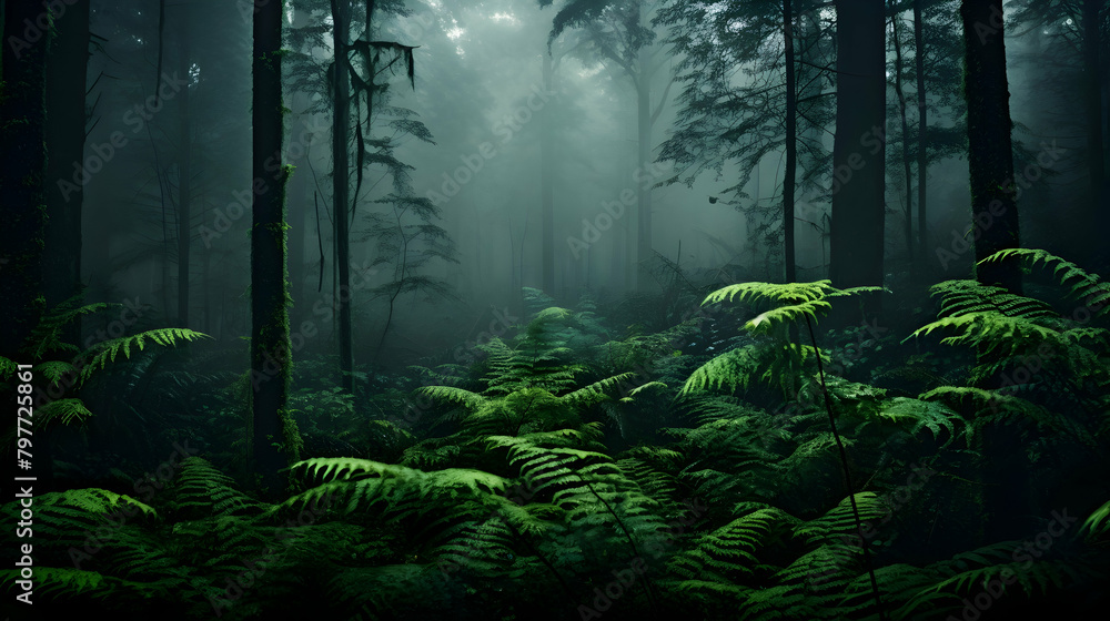 A forest with a dark forest in the background