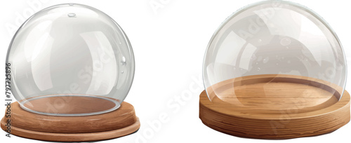 Realistic glass dome. 3d sphere hemisphere globe in wooden plastic tray