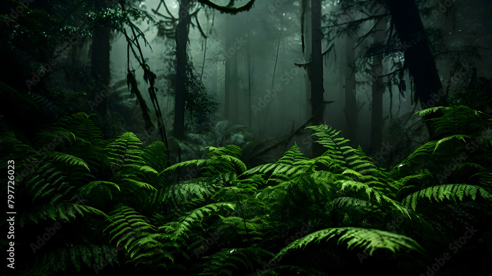 A photo of a dense thicket of ferns misty atmosphere