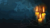 Burning candles and barbed wire on dark background wi