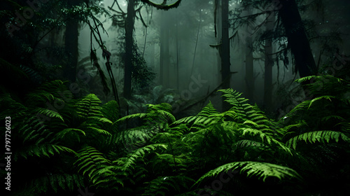 A photo of a dense thicket of ferns misty atmosphere