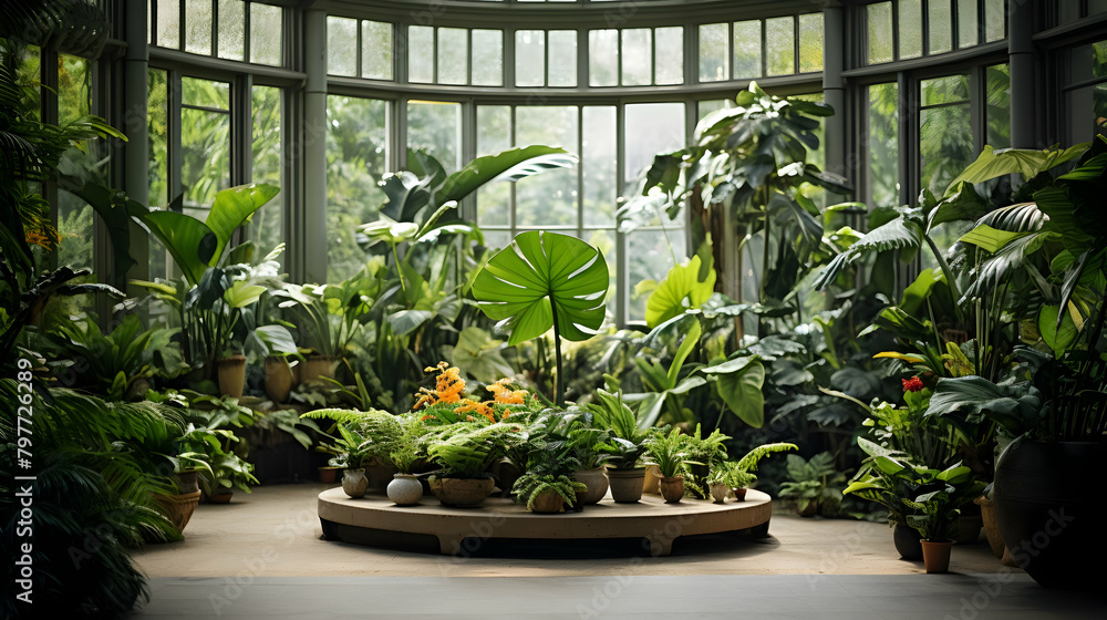 A large greenhouse with a lot of plants on it