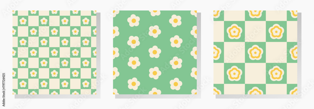 Yellow and white flowers on green checkered background. Vector seamless patterns collection in soft retro pastel colors. Yellow and white flowers on green checkered background. Vector seamless patterns collection in soft retro pastel colors.