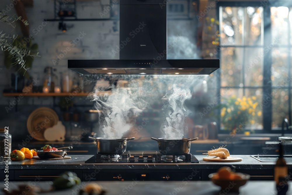 Two pots simmering on a modern stove in a cozy kitchen, steam filling the air.