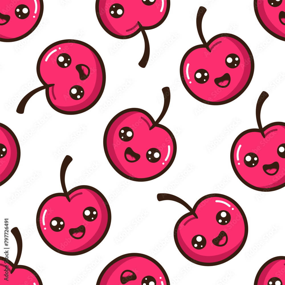 Kawaii cherry vector seamless pattern. Red cartoon berries with smile faces on white background. Kawaii cherry vector seamless pattern. Red cartoon berries with smile faces on white background.