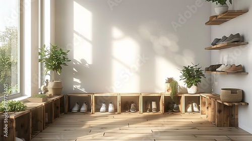 Minimalist Shoe Storage with Wooden Crates in a Bright Entryway © Godam