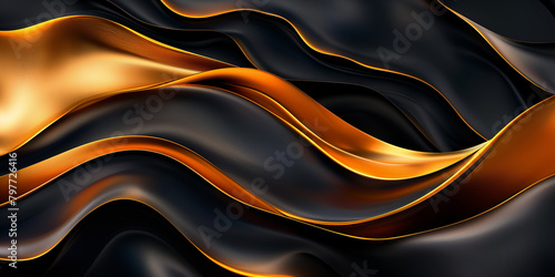 Glänzender wellig geschwungener Kunststoff in orange mit schwarz als Hintergrundmotiv und Druckvorlage, ai generativ
