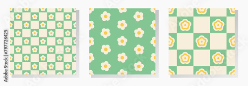 Yellow and white flowers on green checkered background. Vector seamless patterns collection in soft retro pastel colors.