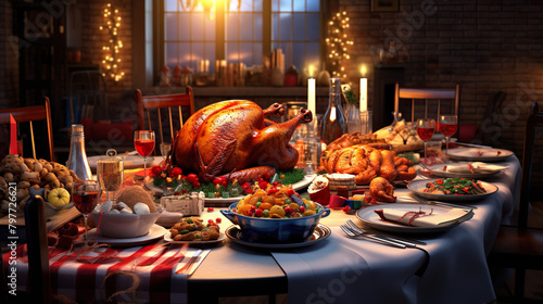 Big dinner for a big family with roast turkey and various beverages. Big family dinner table idea for Christmas.