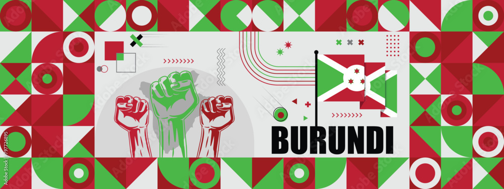 Burundi national or independence day banner for country celebration. Flag and map of Burundi with raised fists. Modern retro design with typorgaphy abstract geometric icons. Vector illustration	