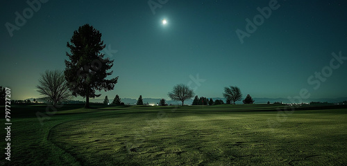 Moonlight casting a silver sheen on the tranquil fairways, nocturnal golf magic.