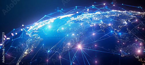 Abstract digital world map, concept of global network and connectivity, data transfer and cyber technology, information exchange and telecommunication