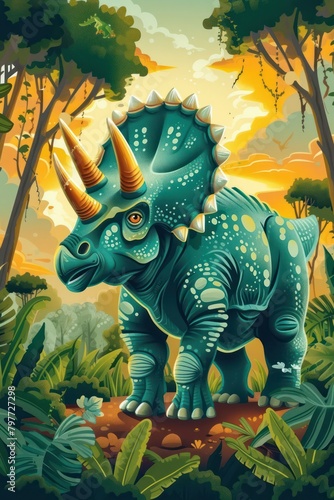 flat illustration of triceratops with calming colors © Tina