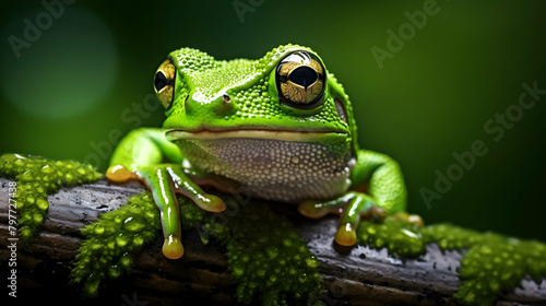 Green frog on a bunch of tree with green blur background