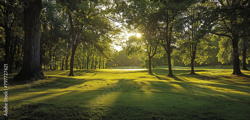 Sun-dappled forest canopy casting enchanting patterns on fairways below.