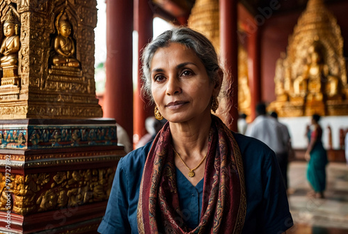 Portrait of traveler lady 50 years old visits Sri Lankan Buddhist temple. Lovely woman in ancient city with buddhist heritage, religion and culture. Summer vacation holiday concept. Copy ad text space