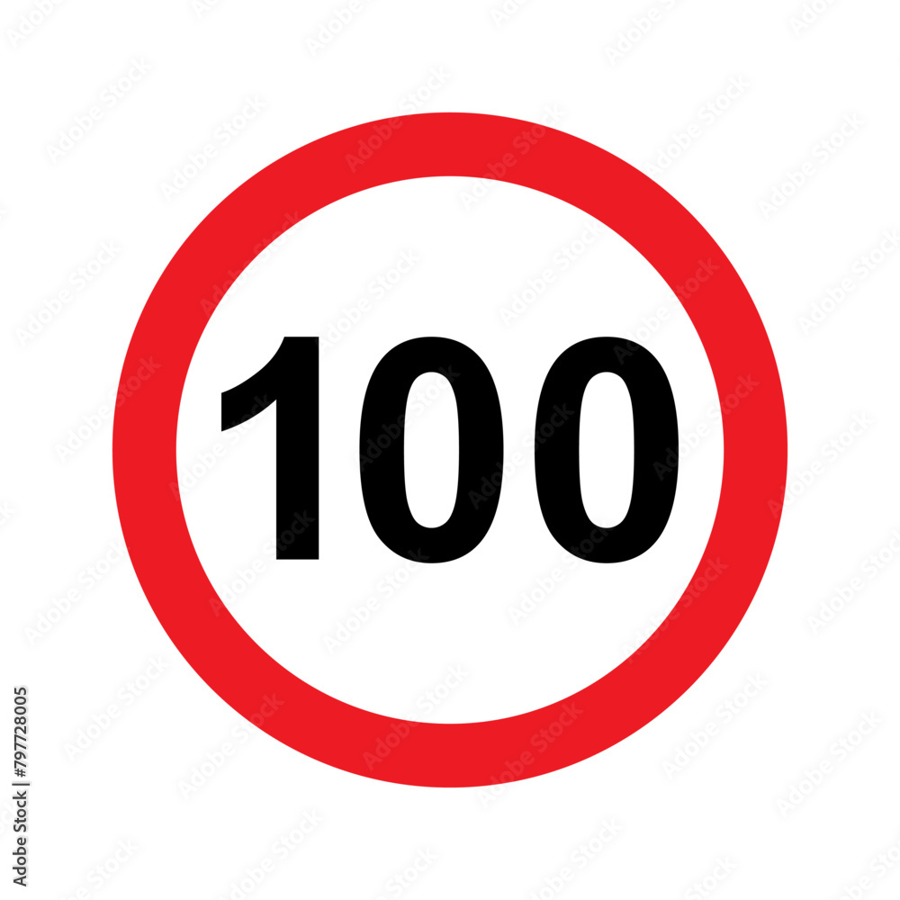 Speed limit sign vector illustration. 100 km icon. Abstract street traffic pictogram. Isolated road signal of circle shape, signboard with black number of maximum speed of cars on highway Speed limit sign vector illustration. 100 km icon. Abstract street traffic pictogram. Isolated road signal of circle shape, signboard with black number of maximum speed of cars on highway