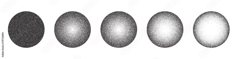 Circles with grain noise texture set vector illustration. Abstract spheres with gradient stipple pattern, globes with gradation to fade of monochrome grainy dots or noise dust on white background Circles with grain noise texture set vector illustration. Abstract spheres with gradient stipple pattern, globes with gradation to fade of monochrome grainy dots or noise dust on white background