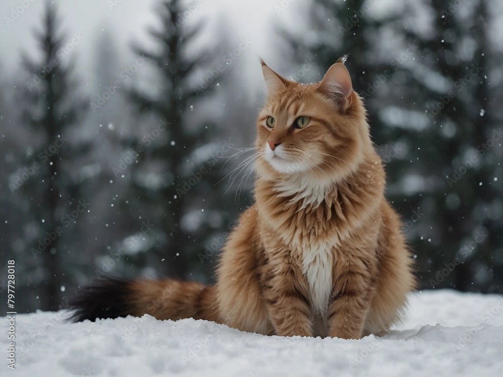 Majestic cat in the snow with mountains in the background Majestic cat in the snow with mountains in the background