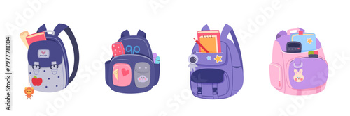 Children school backpacks vector illustration set. Different kids back bags with books and stationery isolated on white. Cartoon cute stylish accessories. Back to school education concept
