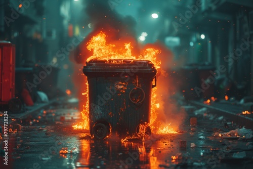 Trash can in Dumpster Fire at the broken street. Dumpster Fire With Heavy Smoke Pollution From Garbage. Riots on the street, protests, chaos and vandalism, cyber punk concept, war and crime. photo