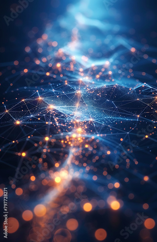 Abstract technology background of a quantum computing system with a cyber network grid and connected particles. Artificial neurons, global data connections