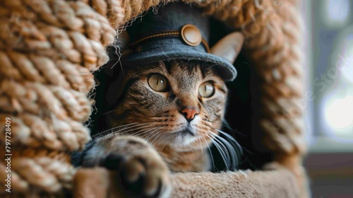 a cat wearing a small guard cap, sitting at the entrance of a childs play fort, symbolizing the role of a sentry or guard in a playful, surreal manner photo