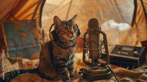 a cat wearing headphones and speaking into a large, vintage microphone, set in a command tent with maps and radios, coordinating communication in a surreal military setting