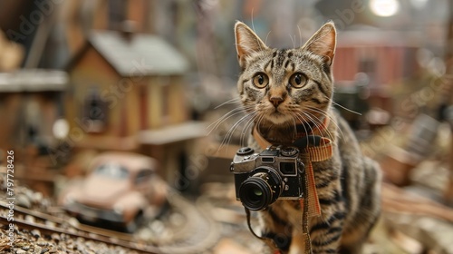 a cat with a tiny camera hanging around its neck, standing amidst a model war scene, capturing photos of the action, highlighting the role of journalists in war zones