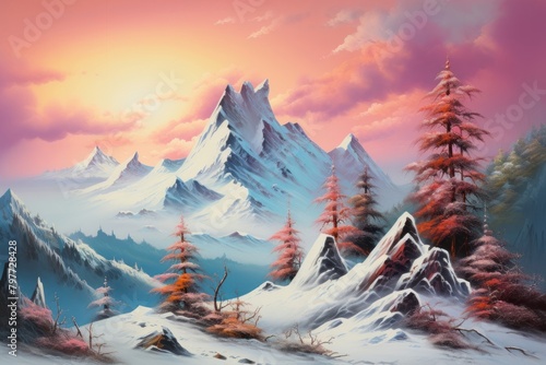 Heavily snowed mountains landscape outdoors painting. photo