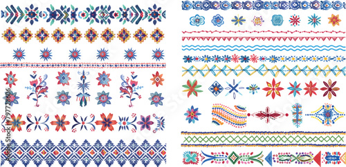 Embroidery stitch set. Cross and line stitches vector patterns, embroydery borders design for folk craft