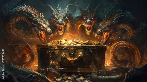 a multiheaded hydra, with each head fiercely guarding a treasure chest of digital coins, symbolizing the strategy of holding onto assets despite market fluctuations photo