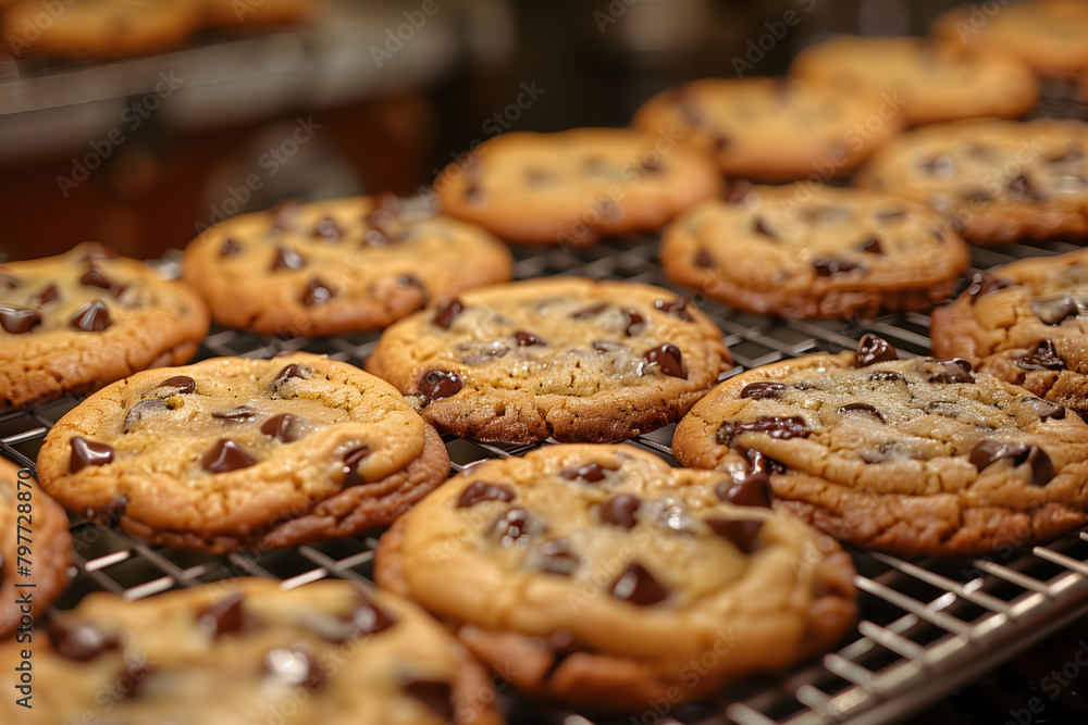 A batch of warm, freshly baked chocolate chip cookies lies on a cooling rack, filling the air with a delightful aroma