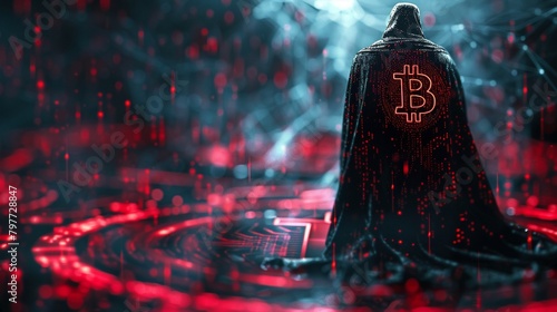 a vampire in a cloak made of fluctuating graphs and Bitcoin symbols, embodying the parasitic and volatile nature of the crypto market photo