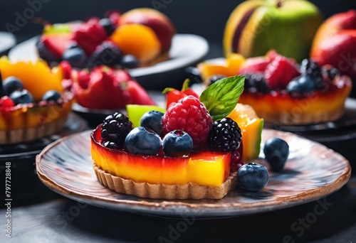 AI generated illustration of fresh fruit pastry on brown plates