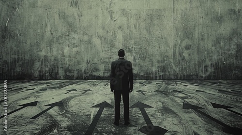 a surreal image of a single leader standing in a vast empty space with numerous arrows on the ground pointing at them from all directions, representing the pressure and scrutiny leaders face photo