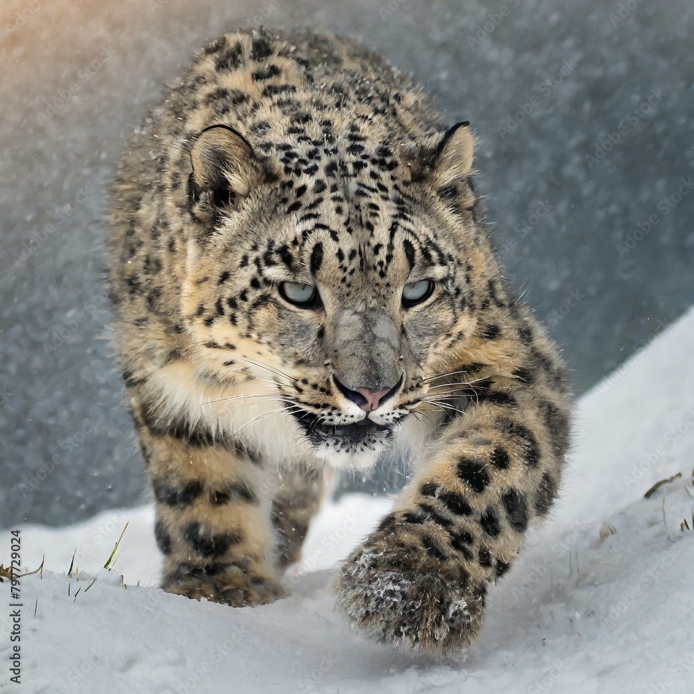 AI generated illustration of a snow leopard gracefully walking on snowy terrain in bright daylight AI generated illustration of a snow leopard gracefully walking on snowy terrain in bright daylight
