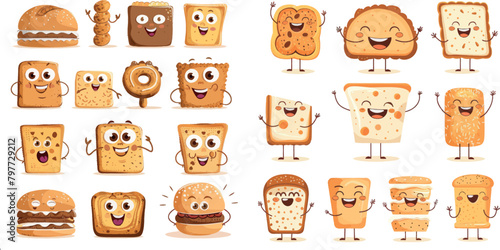 Bread characters. Funny tasty bakery pastries, cartoon happy breads faces character set