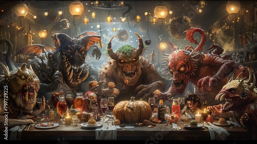 an image of a group of ghoulish creatures having a festive dinner in a bustling city restaurant, celebrating amidst unaware human patrons, to showcase how monsters might blend into human festivities photo