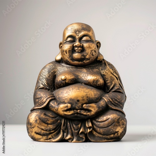 AI generated illustration of a golden smiling Budai statue on a white background