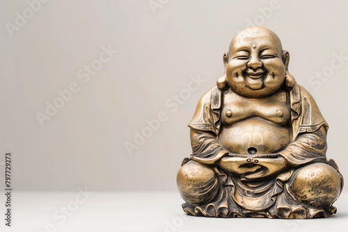 AI generated illustration of a golden smiling Budai statue on a white background photo