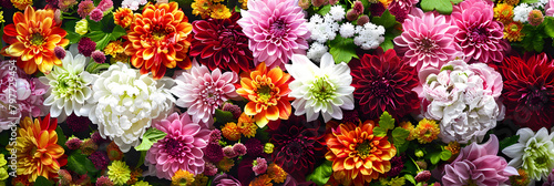 Flowers wall background with amazing red,orange,pink,purple,green and white chrysanthemum flowers ,Wedding decoration, hand made Beautiful flower wall background © Prasanth