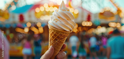 Ice cream cone held against a backdrop of a summertime carnival.