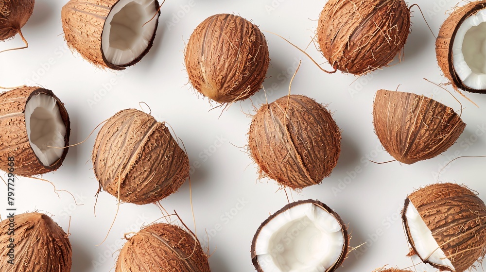 top view of coconuts on white background top view of coconuts on white background