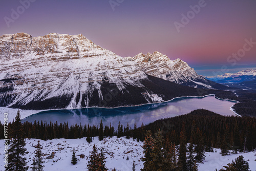 Winter sunrise at Peyto Lake in Banff National Park, Canada