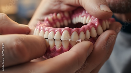 A close-up of a person's hand holding a dental bridge model, demonstrating its seamless integration with natural teeth