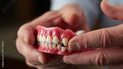 A close-up of a person's hand holding a dental bridge model, demonstrating its seamless integration with natural teeth